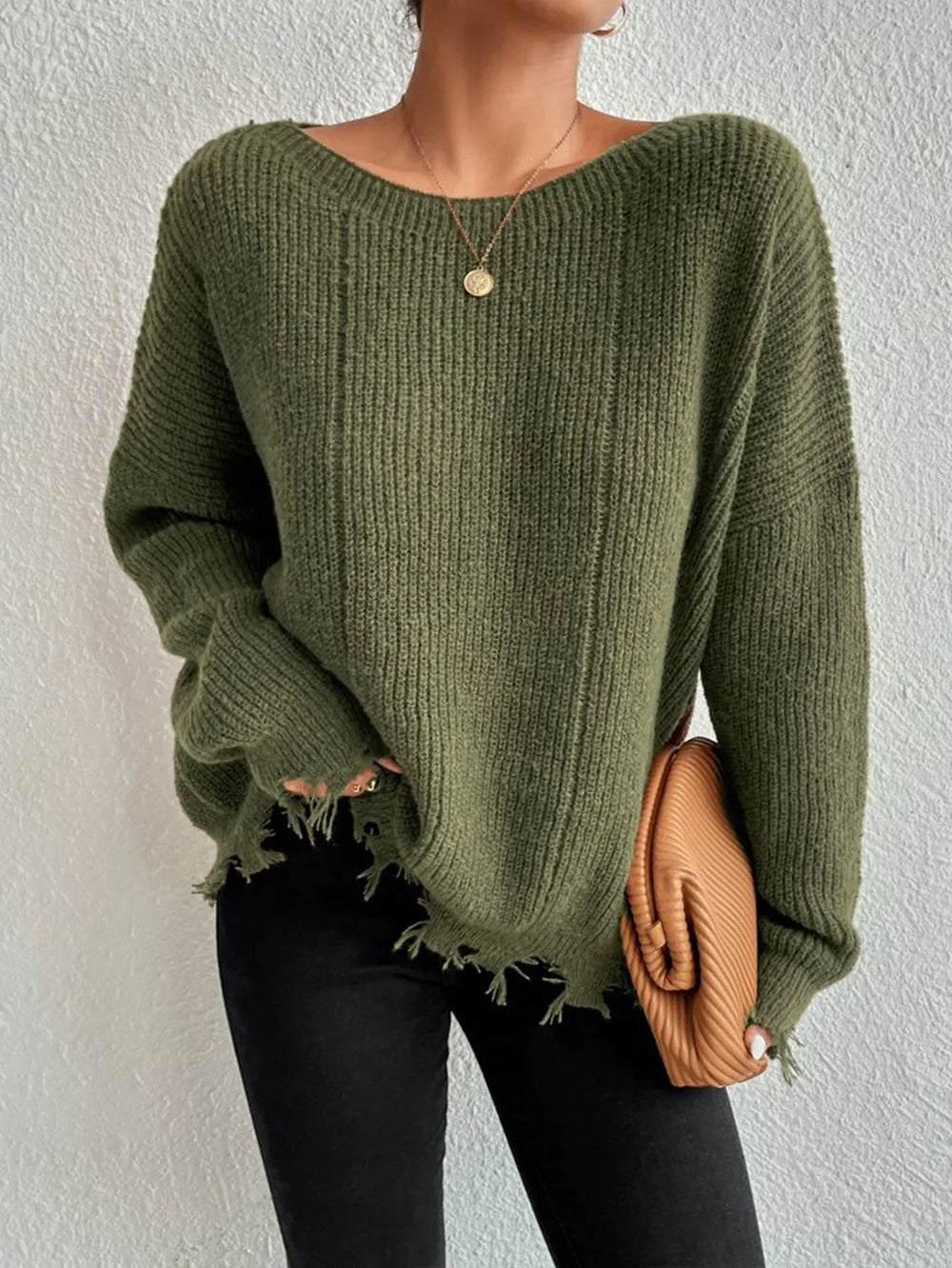 Oversized Distressed Knit Sweater - View 6 | TEVQA