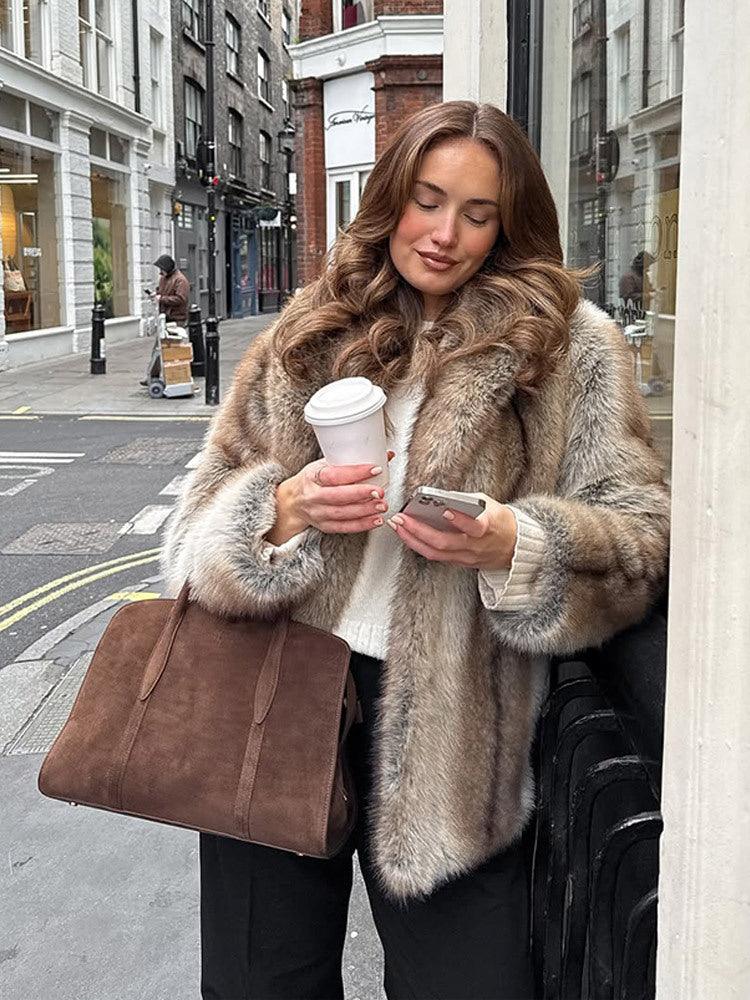 Vintage Natural Stripe Faux Fur Jacket - TEVQA