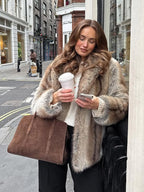 Vintage Natural Stripe Faux Fur Jacket - TEVQA