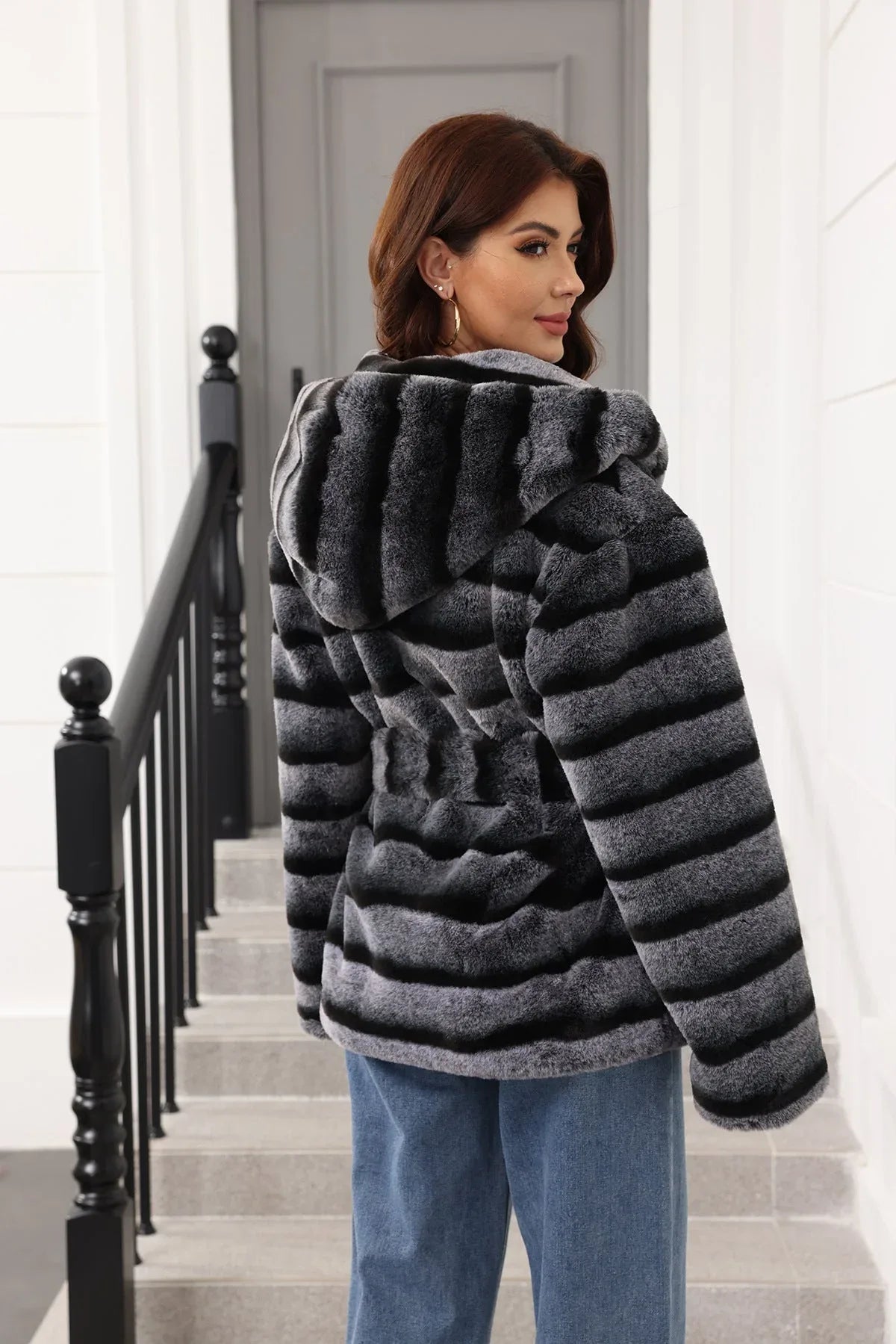 Faux fur coat with hood - View 6 | TEVQA