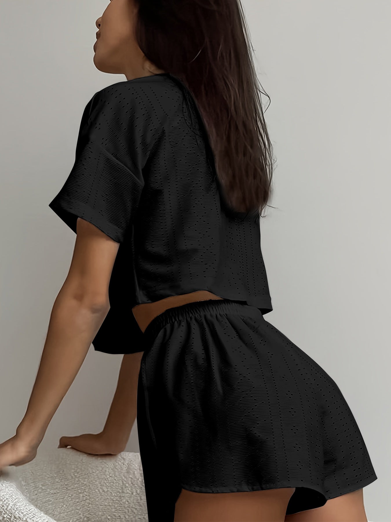 White Hollow Out Eyelet Lounge Set