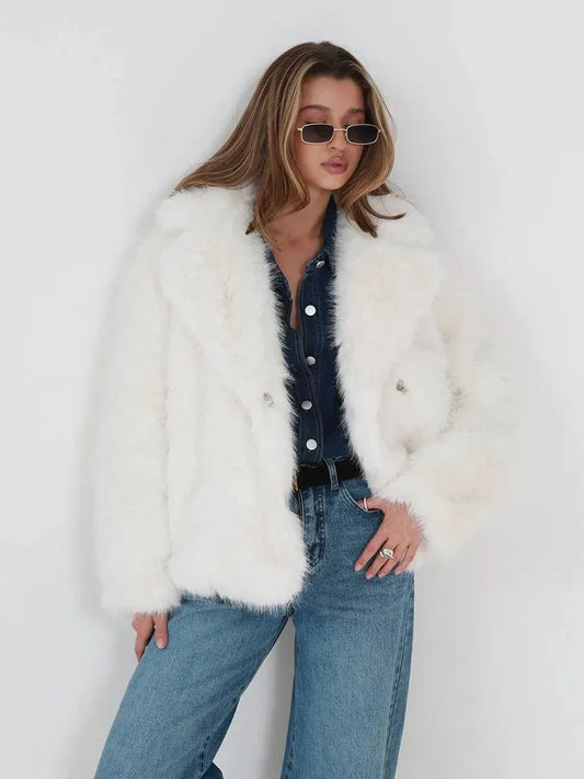 Cloud White Plush Faux Fur Jacket - TEVQA