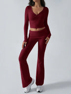 V-Neck Crop Top and Fold-Over Flare Pants Set - View 10 | TEVQA