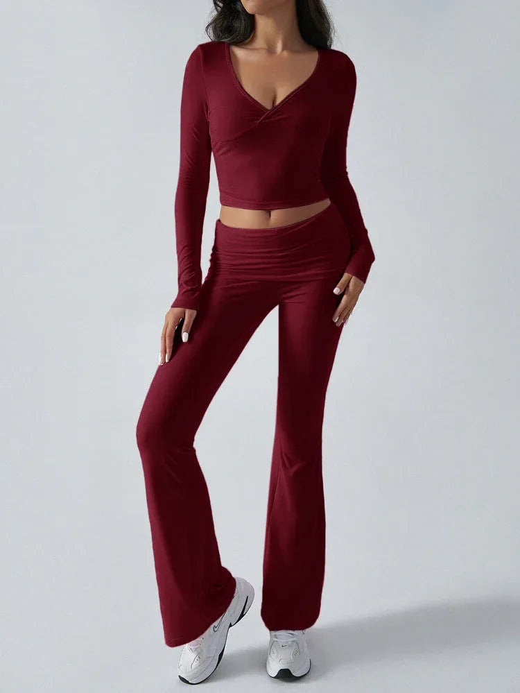 V-Neck Crop Top and Fold-Over Flare Pants Set - View 10 | TEVQA