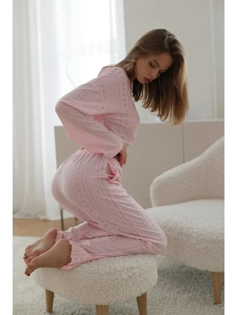 Coquette Aesthetic Pink Eyelet Lounge Set - TEVQA