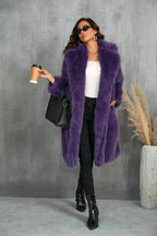 Woman wearing a purple faux fur coat, holding a coffee cup and a handbag