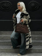 Vintage Zebra Stripe Faux Fur Long Coat - TEVQA