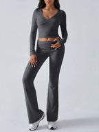 V-Neck Crop Top and Fold-Over Flare Pants Set - View 25 | TEVQA