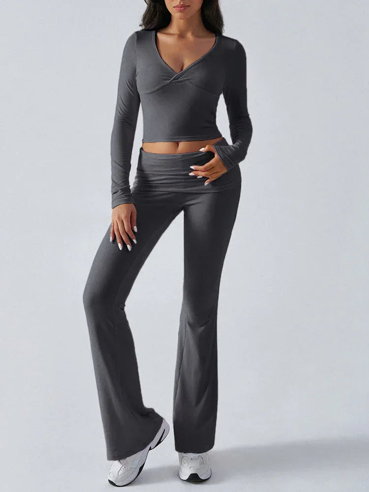 V-Neck Crop Top and Fold-Over Flare Pants Set - View 25 | TEVQA