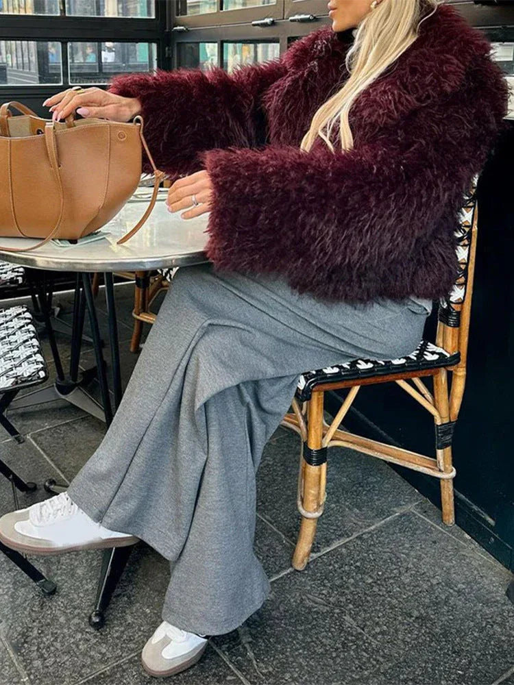 Vamp Burgundy Shaggy Faux Fur Cropped Jacket - TEVQA