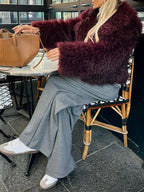 Vamp Burgundy Shaggy Faux Fur Cropped Jacket - TEVQA
