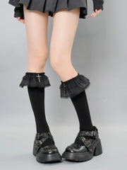 Black Gothic Lace Ruffle Knee High Socks with Heart Cross Charm