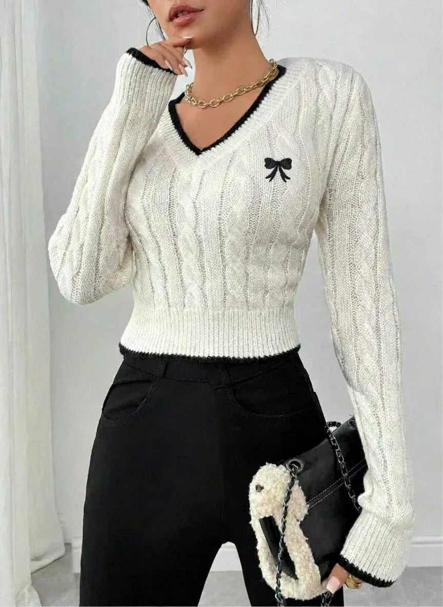Parisian Charm Bow Embroidered Cable Knit Sweater - View 7 | TEVQA