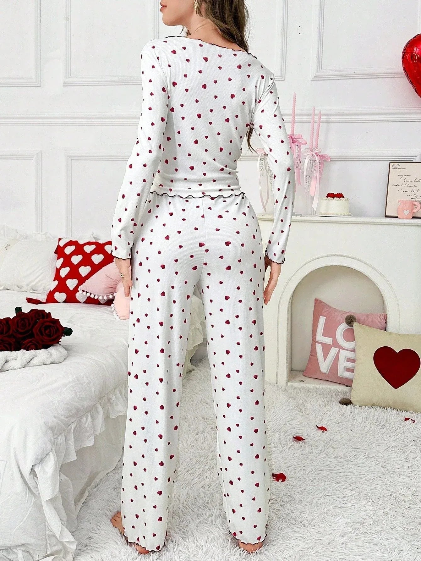 Ribbed Heart Print Pajama Set Secondary image
