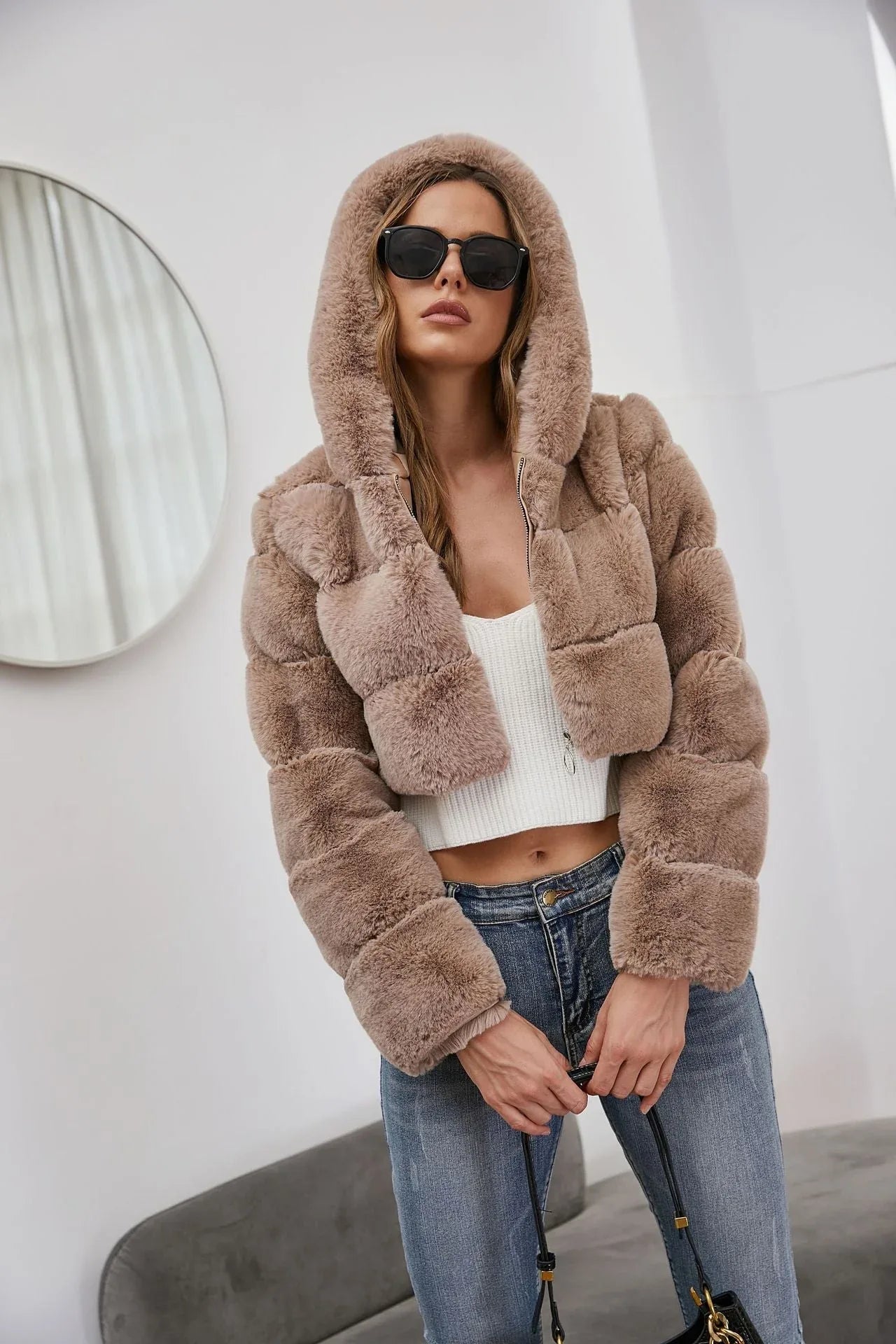 Cropped Faux Fur Hooded Jacket Secondary image