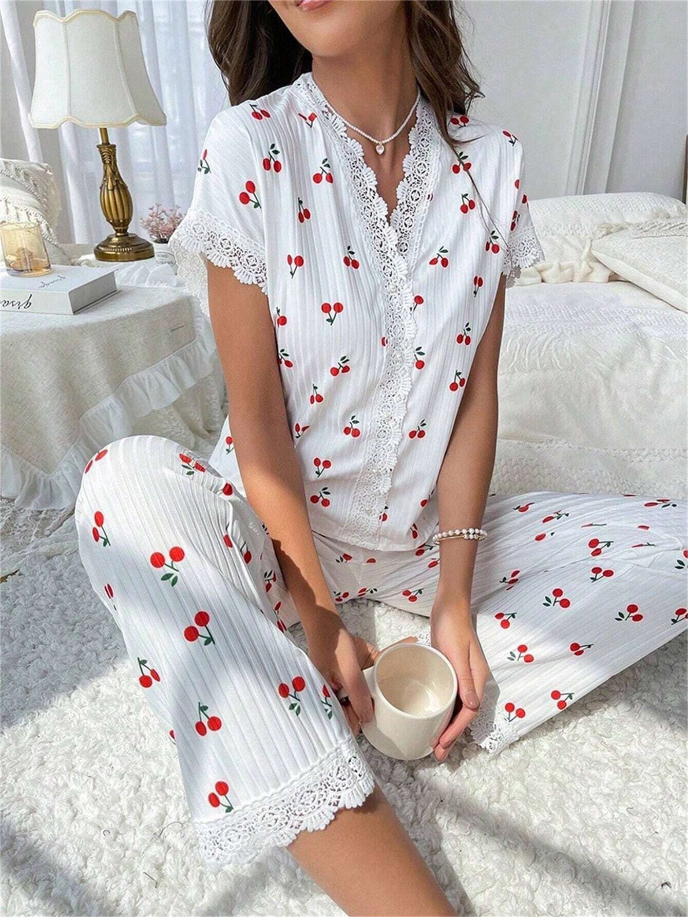Coquette Cherry Print Ribbed Pajama Set