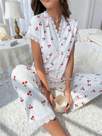 Cherry print ribbed pajama set with lace trim - View 24 | TEVQA