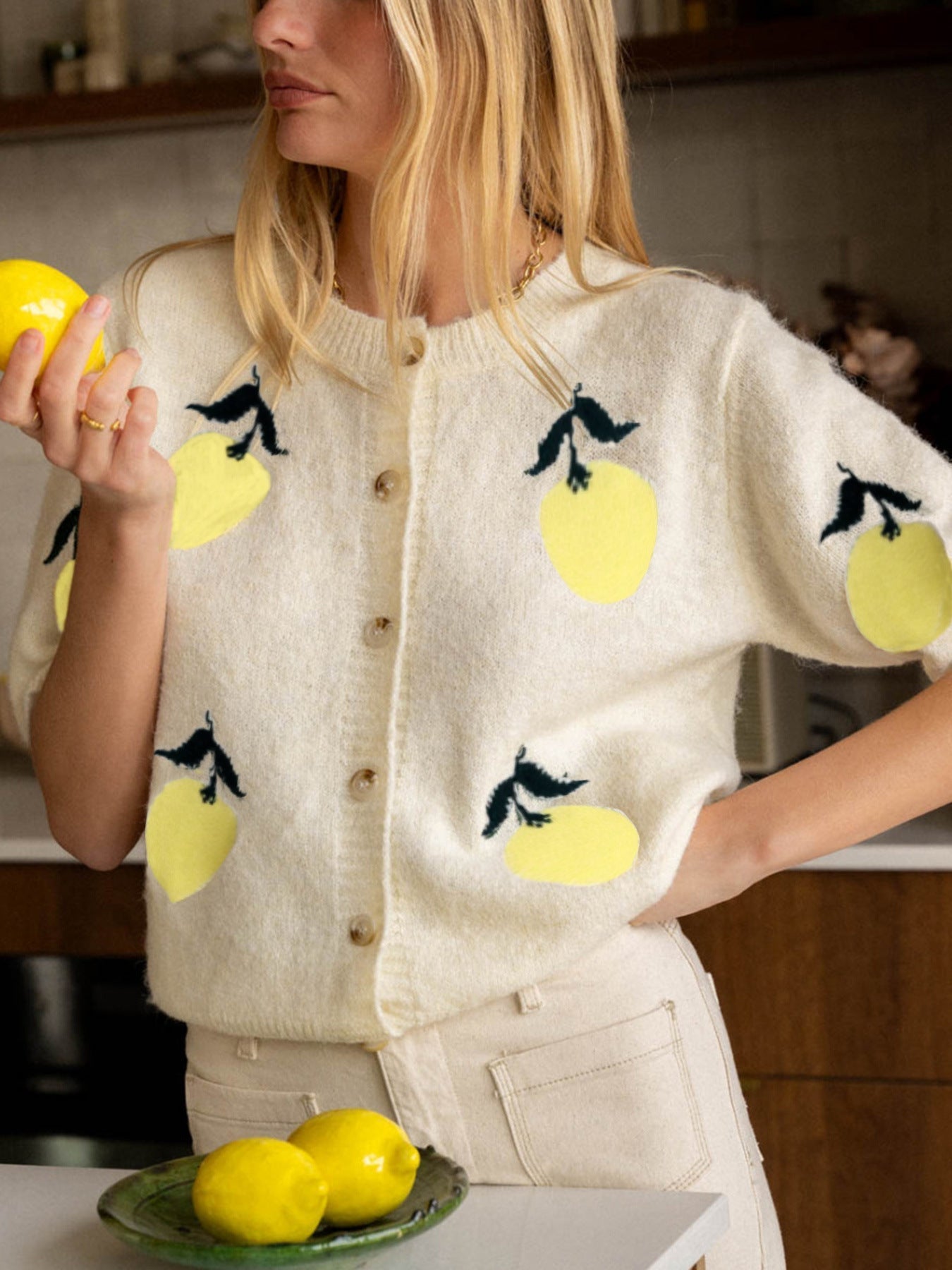 Fresh Lemon Fruit Print Short Sleeve Cardigan