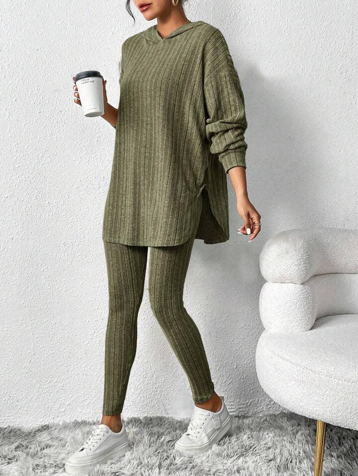 Ribbed Knit Hoodie and Leggings Set - View 8 | TEVQA