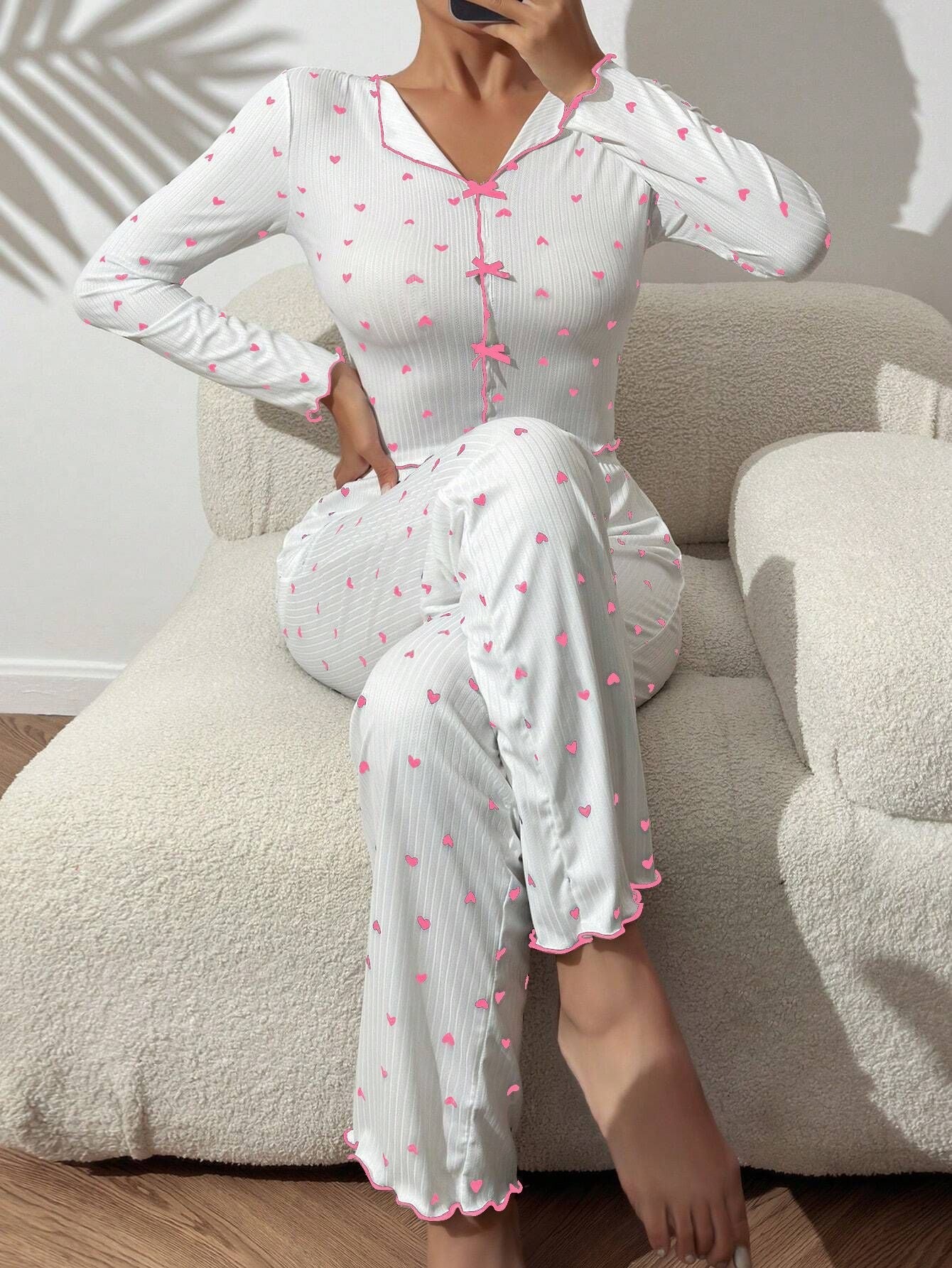 Coquette Ditsy Black Heart Print Ribbed Pajama Set