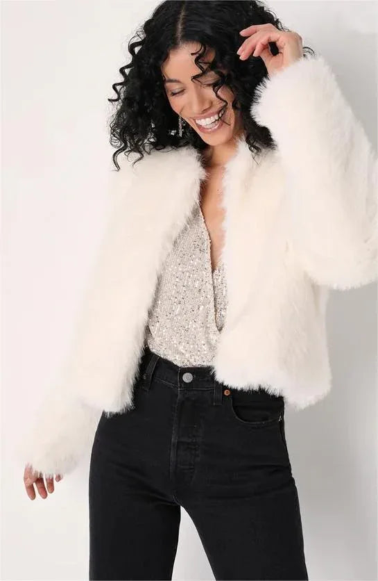 Cream Faux Fur Cropped Jacket - View 9 | TEVQA