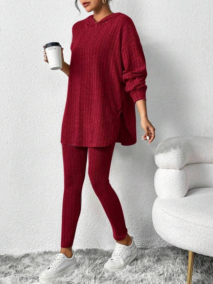 Ribbed Knit Hoodie and Leggings Set - View 11 | TEVQA