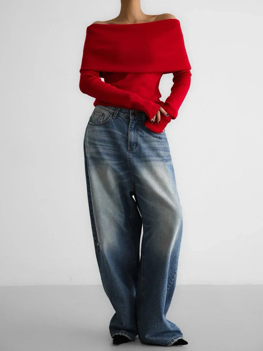 Sculpted Fold-Over Off-Shoulder Ribbed Knit Top - TEVQA