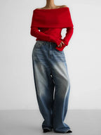 Fold-Over Off-Shoulder Ribbed Knit Top - View 6 | TEVQA