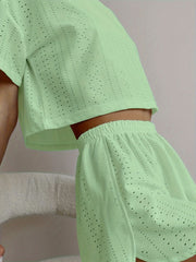 White Hollow Out Eyelet Lounge Set