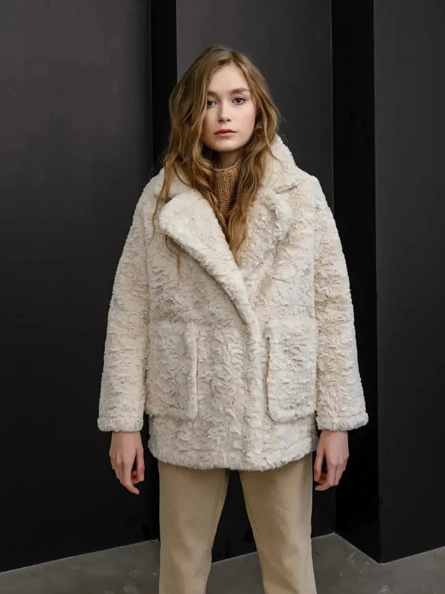 Vanilla Cream Textured Faux Rabbit Fur Coat - TEVQA