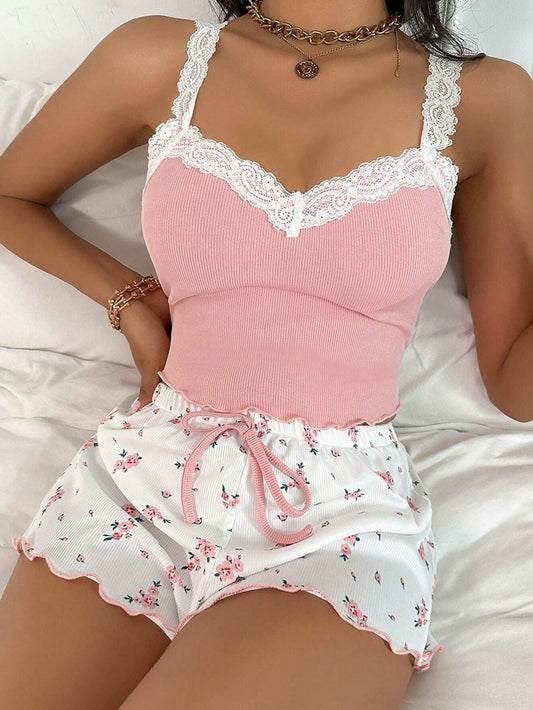 Pink Lace Trim Cami & Floral Shorts Set