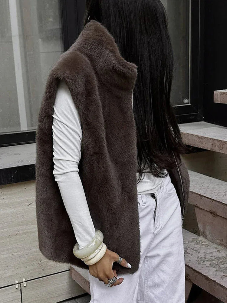 Mocha brown faux fur zip-up vest with high collar - View 6 | TEVQA