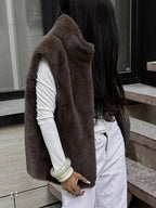 Mocha brown faux fur zip-up vest with high collar - View 6 | TEVQA