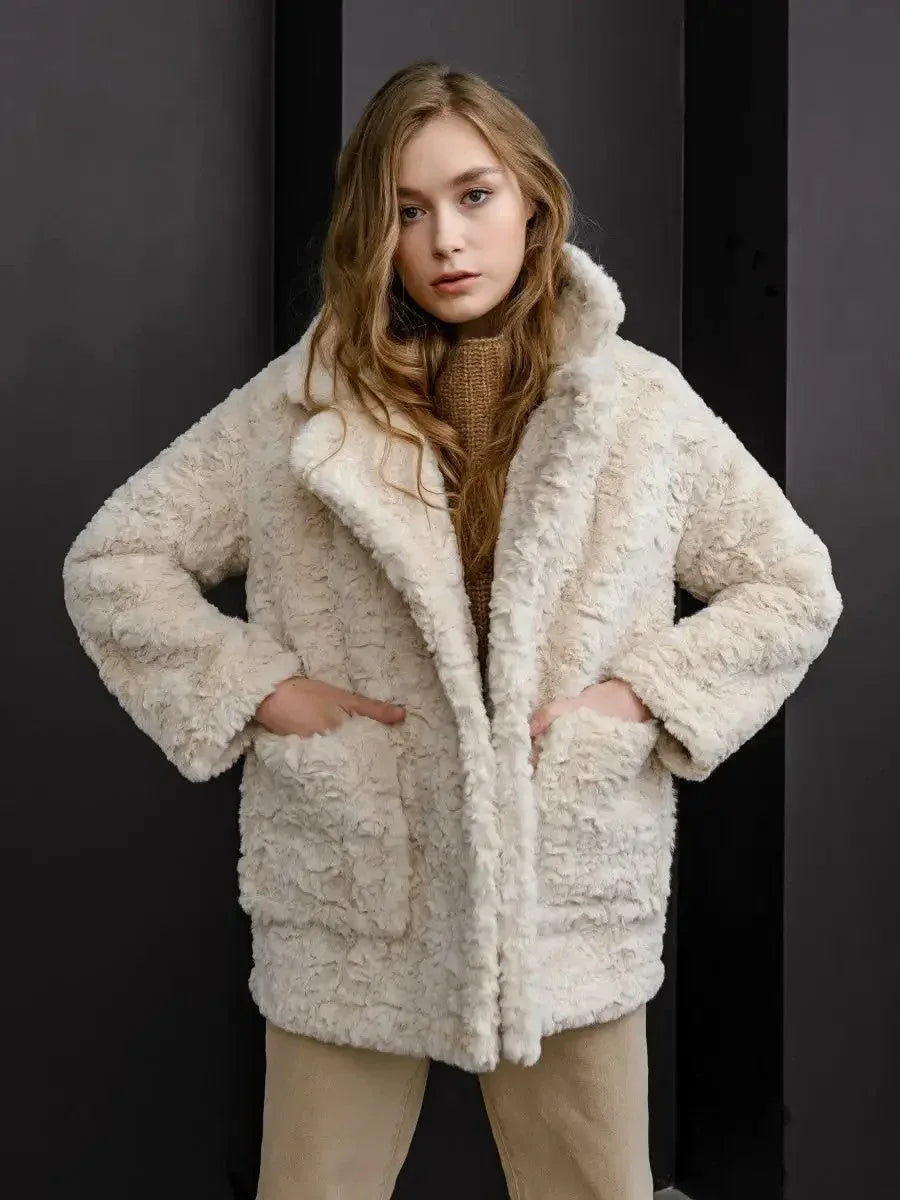 Vanilla Cream Textured Faux Rabbit Fur Coat - TEVQA Main image