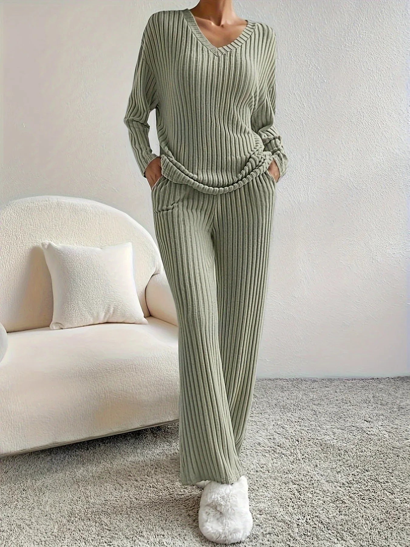 Serenity Blue Ribbed Knit Lounge Set - View 11 | TEVQA