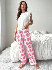 Coquette Pink Heart Print Ruffle Sleeve Pajama Set