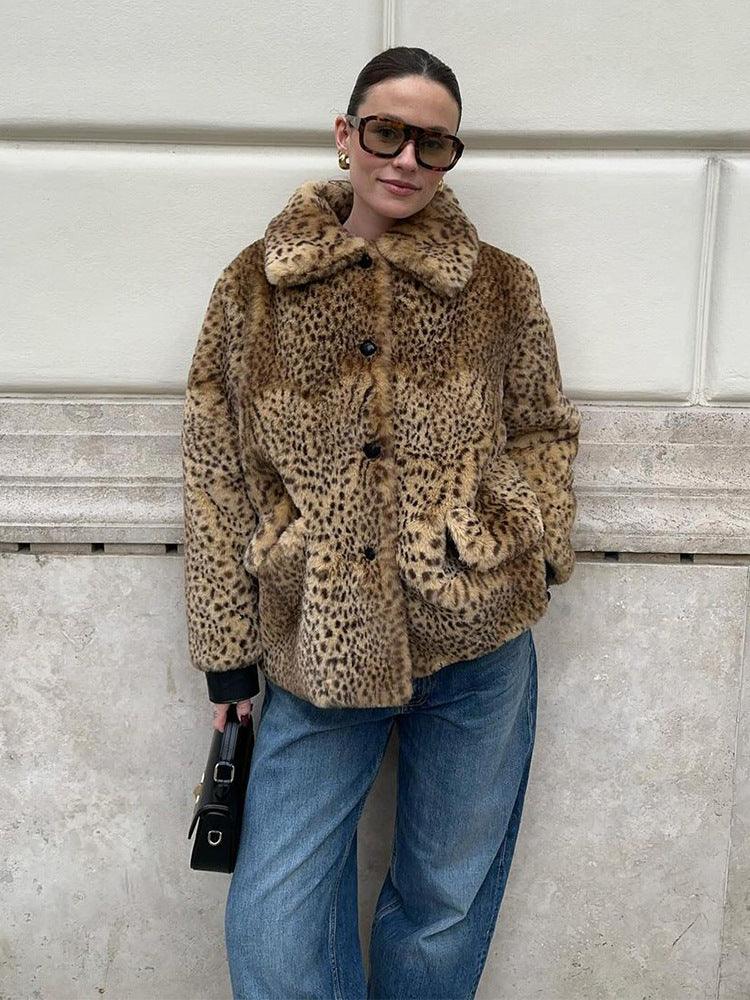 Vintage Leopard Print Faux Fur Jacket - TEVQA