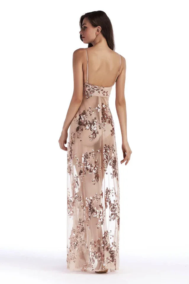 Back view of a woman in a sheer sequined maxi dress