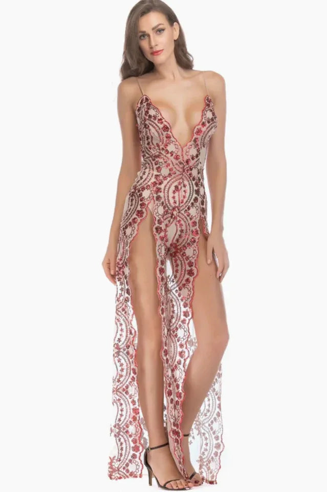 Sequined Lace Maxi Dress with High Slit Secondary image