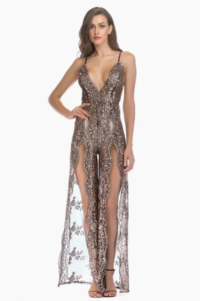 Sequined lace maxi dress with high slit - View 9 | TEVQA