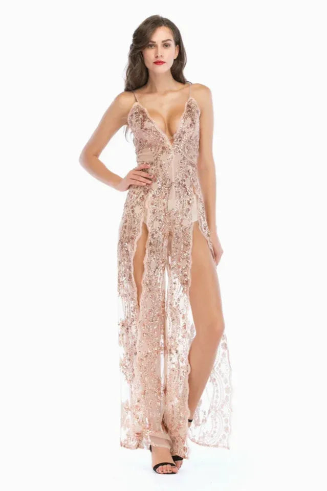 Sequined lace maxi dress with high slit - View 13 | TEVQA
