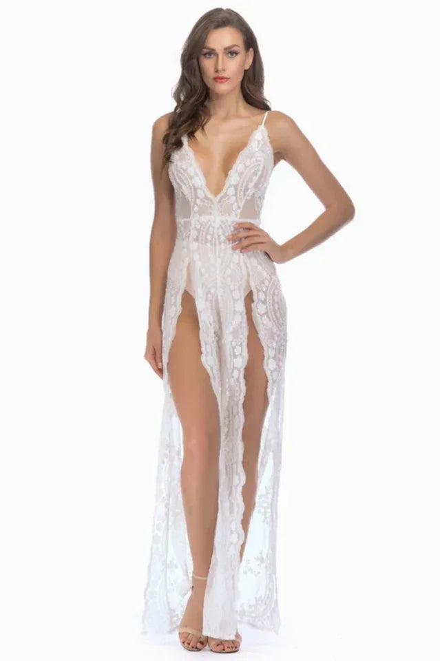 Sequined lace maxi dress with high slit - View 14 | TEVQA