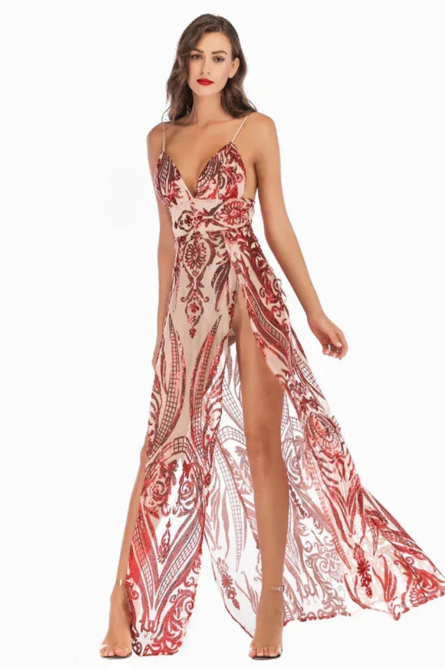 Woman wearing a floor-length sequined dress with high slits and a V-neckline, posing against a white background. Main image