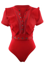 Red ruffled bodysuit with sheer mesh panels and a belted waist, front view.