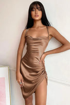 Ruched Backless Satin Mini Dress - TEVQA