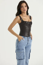 Chocolate faux leather corset top with square neckline and hook and eye front closure - View 6 | TEVQA