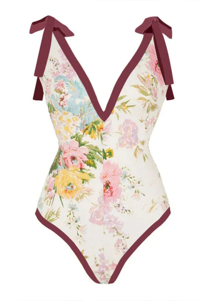 Floral print one-piece swimsuit with tie shoulder straps and V-neckline, paired with a matching skirt. - View 6 | TEVQA