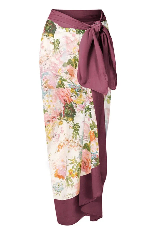 Floral print one-piece swimsuit with tie shoulder straps and V-neckline, paired with a matching skirt. - View 7 | TEVQA