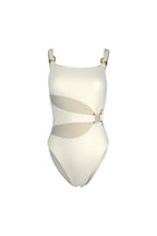 Cream-colored one-piece swimsuit with cut-out details and ring accents, front view.