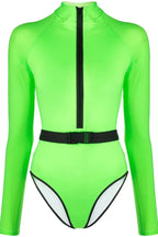 Long sleeve one piece swimsuit with belted waist and mock neck - View 10 | TEVQA